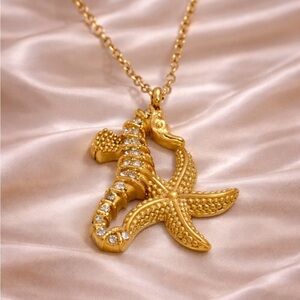 Seahorse Starfish Crystal 18K Gold Stainless Steel Waterproof Necklace